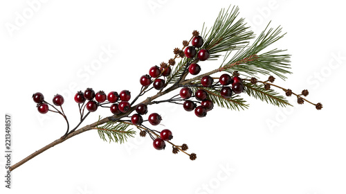 Isolated festive Christmas branch with red berries, green pine needles, winter decoration