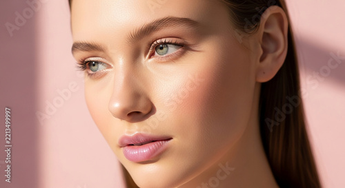 Close-up of a woman's face with smooth skin and soft makeup, showcasing natural beauty and health, ideal for cosmetic and lifestyle concepts.