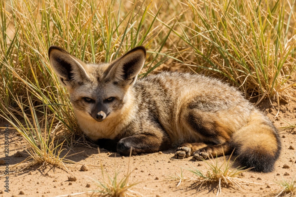 Fototapeta premium Bat-eared fox rests on dry sandy ground in African savanna. Wild mammal with large ears lies near tall yellow grass. Predator stays alert in natural habitat. Small carnivore sits in hot desert