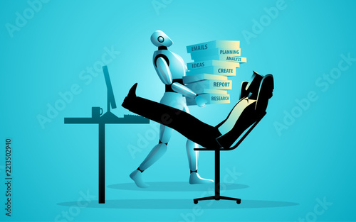 Business automation concept showing a humanoid AI robot handling multiple tasks while a businessman relaxes in the office, representing AI-powered productivity, task automation, virtual assistance.