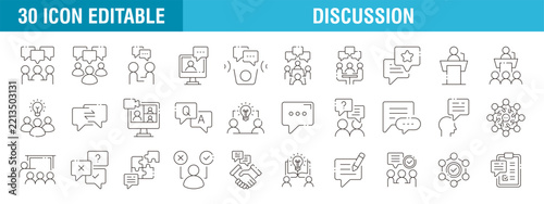 Collection of discussion icons. Communication, interaction, chat, team. Vector template editable stroke EPS 10.