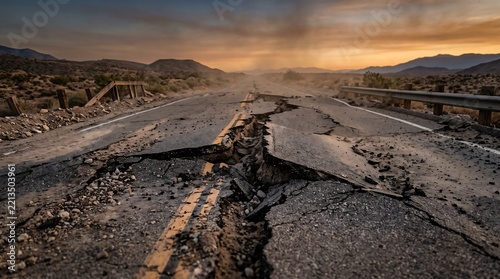 Cracked asphalt road after an earthquake in a desert landscape