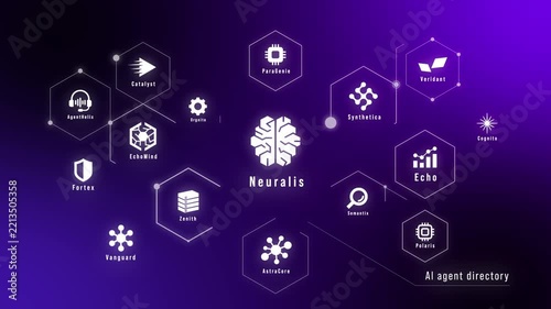 AI Agent Directory Dark Autonomous AI Workflow Network Visualization Motion Graphics Loop