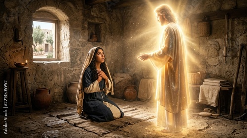 Christ birth prophecy: angel visit, kneel Mary, divine glow, reveal Jesus, bless room, receive grace, sacred light, wonder behold, heavenly messenger, humble virgin.