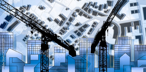 Building a new city - concept with an imaginary cadastral map of territory with buildings and tower crane in a construction site with cityscape on background