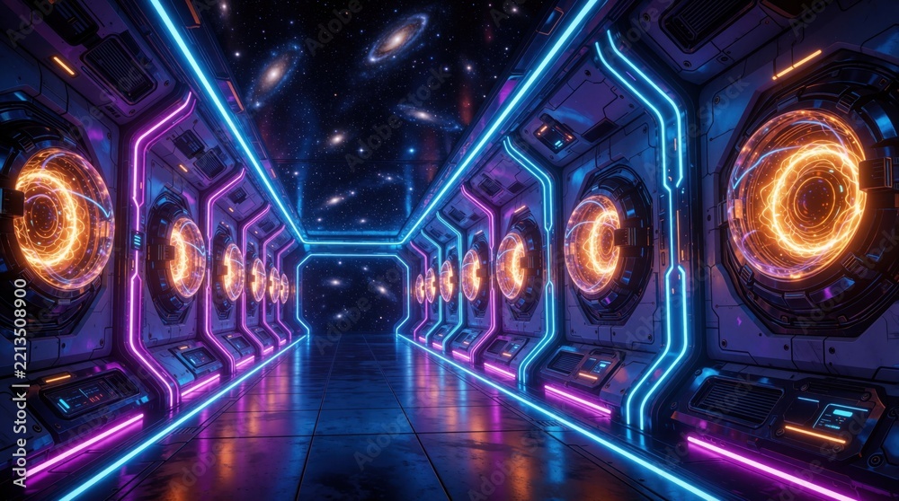 Fototapeta premium Futuristic sci fi corridor with bright neon lighting, glowing energy cores. Cyberpunk spaceship hallway features blue, purple light effects. Abstract digital space tunnel shows cosmic galaxy