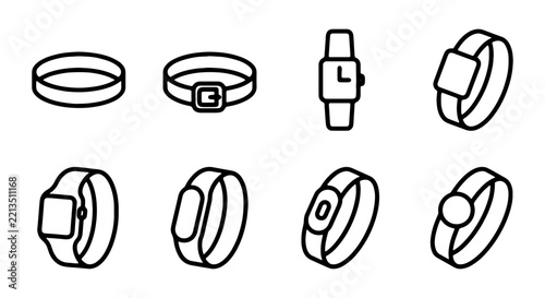 Minimalist smartwatch and fitness tracker vector icons set. Outline wristband symbols for apps
