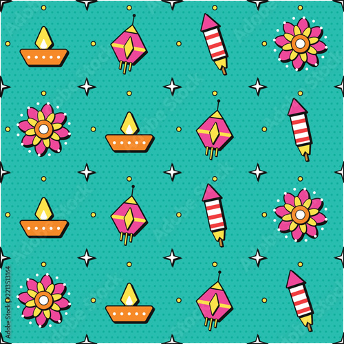 Diwali Seamless Pattern in Pop Art Style with Diya, Lantern, Firework Rocket, Rangoli Flower and Sparkles on Teal Halftone Background, Festive Repeat Print