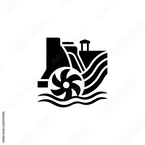 Black hydropower plant icon, dam with water flow and turbine for renewable energy concepts.