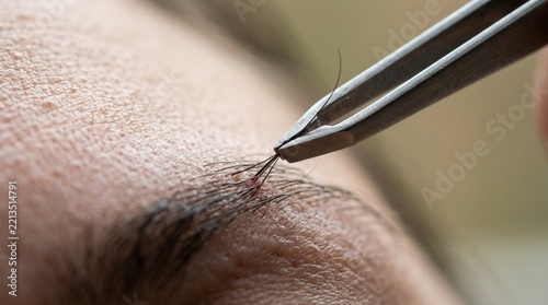Close-up Macro of Tweezers Plucking Eyebrow Hair for Grooming