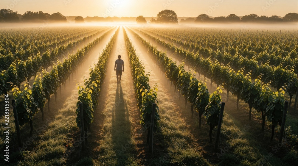 Naklejka premium Man walks between rows of grape vines in vineyard at misty sunrise. Silhouette of farmer explores green plantation during golden hour. Morning fog covers rural landscape, farm field with sunlight