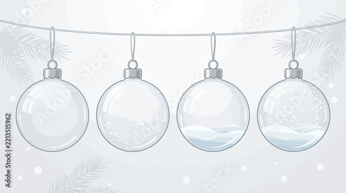 Transparent Christmas baubles vector illustration, clear glass xmas balls set hanging on string, winter holiday decoration background mockup