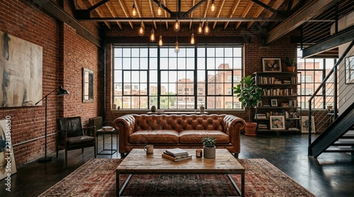 Rustic loft living room with exposed brick, leather sofa, and large window