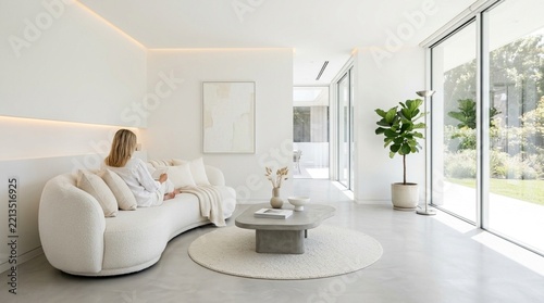 Woman relaxing on modern curved sofa in bright, minimalist living room with large windows