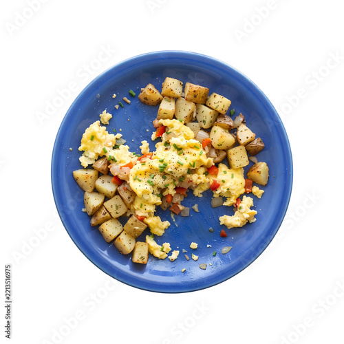 Scrambled eggs and roasted potato cubes leftovers on a blue ceramic plate isolated. Partially consumed breakfast dish with diced peppers and herbs png. Messy food scraps remaining on dish isolated.