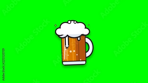 Cartoon animation of a beer mug with foam on a green screen