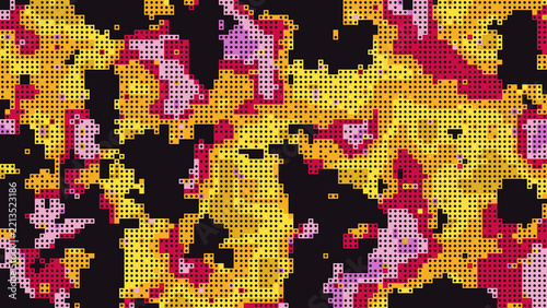 Abstract pixelated pattern with yellow and pink on transparent background