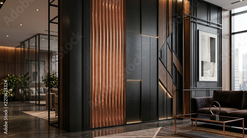 Modern luxury interior design with copper accents and dark wood paneling