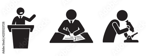 Business and science silhouettes set with speaker, writer and scientist for education and research