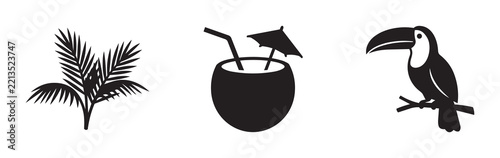 Tropical icons set with palm leaf, coconut drink and toucan on branch for travel and summer