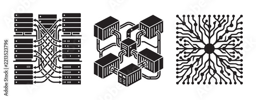 Data center servers and network connections set, isometric illustration for IT infrastructure