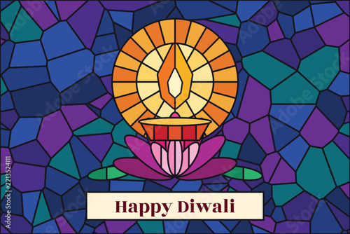 Happy Diwali Stained Glass Illustration with Diya Flame on Lotus Flower, Golden Sunburst Halo and Jewel Tone Mosaic Background, Festival of Lights Greeting