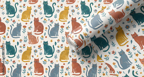 Roll of wrapping paper printed with a folk style pattern of cats and flowers in teal rust and gold