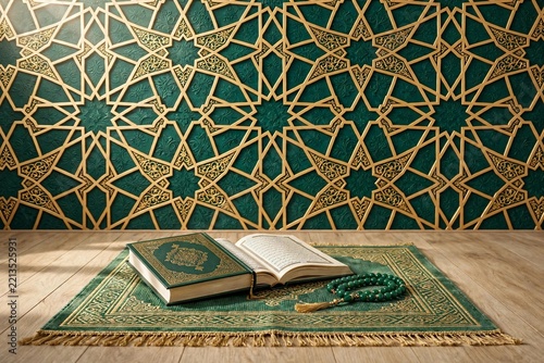 Islamic background with Quran on prayer mat and tasbih