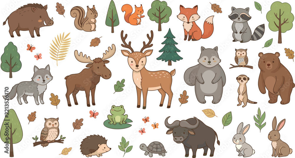 Fototapeta premium Cute Colored Woodland Forest Animals Vector Element Set with Deer Bear Fox Moose and Wild Boar for Kids Stickers Nursery Decals and Patterns