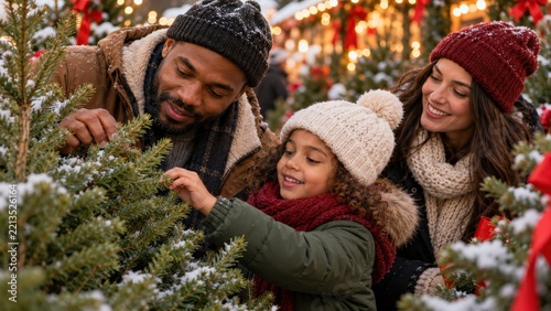 Family Choosing Christmas Tree at Snowy Market
