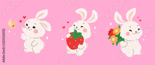 Romantic hares for February 14th. Cute bunnies for Valentine's Day. Fluffy rabbit characters with strawberry, bird,  bouquet.  Perfect for Valentine's Day cards, stickers, and romantic gifts.