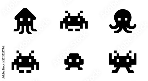 Pixel art invaders vector set, retro video game monsters and aliens, 8-bit arcade graphics