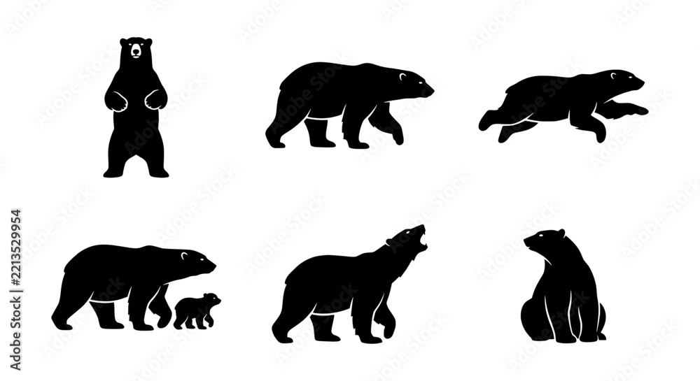 Fototapeta premium Minimalist bear vector silhouettes set, black wild animal graphics for branding and design