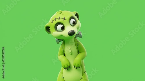 3D cartoon meerkat character in green monster costume with neck bolts and stitches on green background
