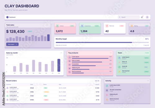 Soft purple clay dashboard with top menu goals and team