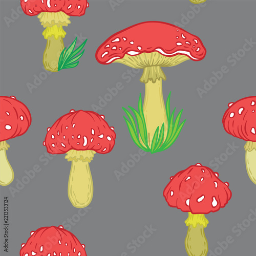 Psychedelic seamless vector pattern with mushrooms and colorful organic shapes. Trippy botanical design inspired by psychedelic art, nature, fungi and visionary aesthetics.