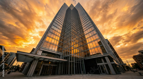 Modern Glass Skyscraper at Sunset with Dramatic Fiery Sky