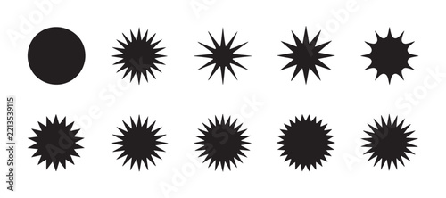 Minimalist black starburst sticker collection with diverse multi pointed geometric design shapes.