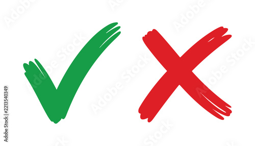 Textured green tick and red x mark icons display artistic painted aesthetic for correct or false.