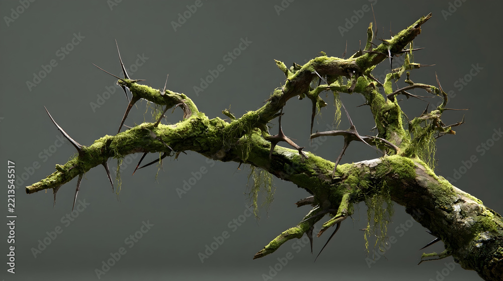 Fototapeta premium Gnarled thorny tree branch covered in moss