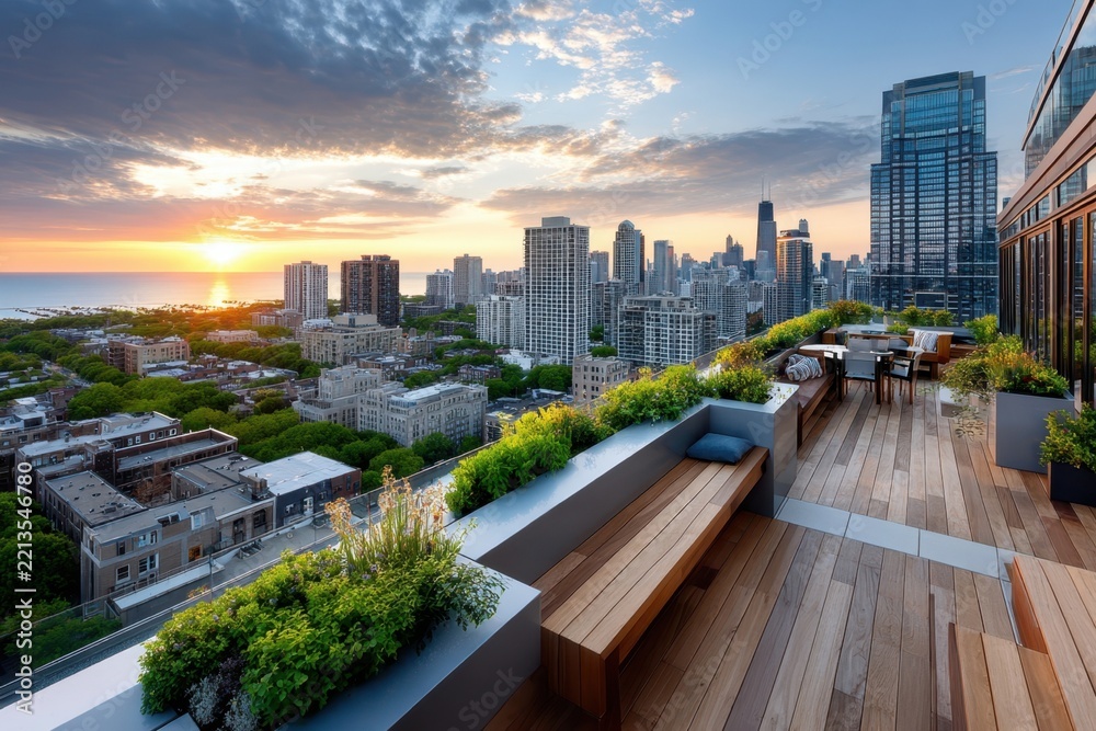 Fototapeta premium Sunrise Over City Skyline from Rooftop Deck