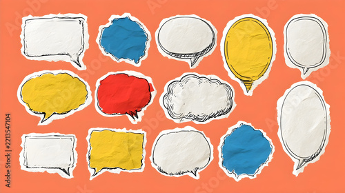 Hand drawn pen ink speech bubbles on crumpled paper cutouts, blank chat balloon doodles. Grunge dialog balloons on colored torn paper pieces, cut out comic cloud bubble sketches for collage vector