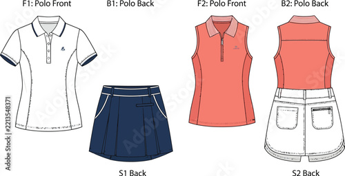 Technical fashion flats for women's golf polo shirts and skirt designs.