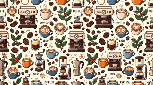 Seamless Coffee Pattern with Espresso Machines, Cups, Beans, and Brewing Equipment