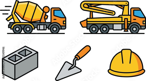 Vector Icons for Construction Equipment, Concrete Machinery, Materials, and Safety