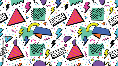 Vibrant Retro 90s Memphis Style Seamless Pattern with Abstract Geometric Shapes