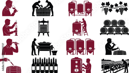 Winemaking Process Icon Set: Grape Harvest, Production, Fermentation, and Bottling Silhouettes