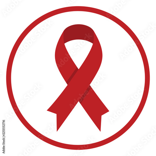 Red ribbon awareness vector icon. Includes aids and HIV awareness symbol inside round frame. Flat design for health campaigns and medical support.