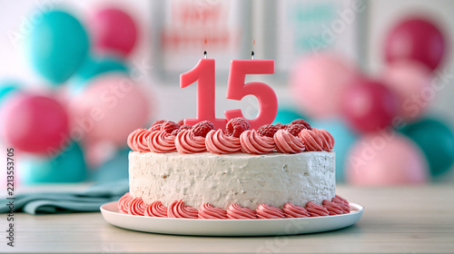 Delicate White Birthday Cake for 15th Birthday, Decorated with Pink Icing Swirls and Raspberries, Lit Candle, Surrounded by Soft Bokeh Balloons