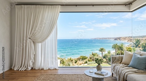 Modern Living Room with Ocean View and White Curtains